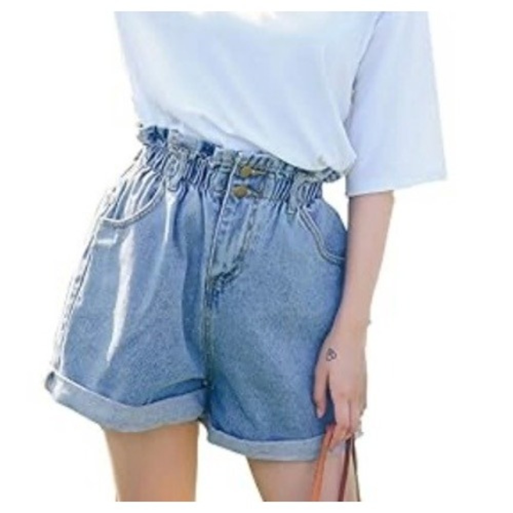Plaid&Plain Paperbag Denim Shorts Womens L Light Blue